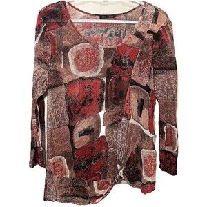 NIC+ZOE Linen Blend Abstract Print Long Sleeve Knit Top Womens Size Large